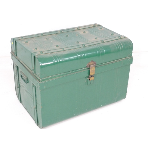 333 - A Victorian metal trunk, green painted exterior, with brass lock stamped 'Thomasson's Patent No 1666... 