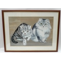 A painting of two grey cats, one a Persian, the other a silver tabby, unsigned, framed.
