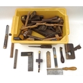 A group of woodworking tools, including some named for I. Sorby, Sheffield, Stanley, and Draper, spo... 