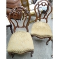 A pair of Victorian mahogany bedroom chairs, with carved and moulded backs, upholstered in cream fol... 
