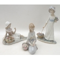 A group of three Lladro ceramic figurines, modelled as young girls with baskets of flowers, 28cm, 18... 