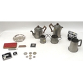A group of pewter, silver plated and metal items, comprising a tankard, four piece tea service, tray... 