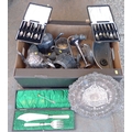 A group of silver plated and metal items, including a three branch candelabra, toast rack, teapots, ... 