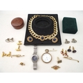 A small group of costume jewellery and two watches, including a 9ct gold bar brooch with hook, 2.3g,... 