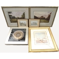 A group of six framed pictures, 'The Dell', 'The Cedar at Dusk', two golfing prints, pencil signed b... 
