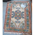 A wool rug with multicoloured geometric ground, 155 by 118cm, together with a ceiling light, brass s... 