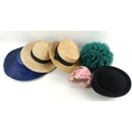 A Ramona Trend black felt pill box hat, a 1950's pink flower bonnet, with hat boxes, a green tulle h... 