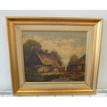M. S. Yavan: farmyard scene, oil on canvas, with figures, cart, wheelbarrows and animals, signed low... 