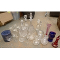A collection of glassware, including five cut glass decanters, a flashed and wheel engraved blue and... 