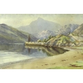Nesta Warren (British, exhibited 1909-1922): a Welsh mountainous landscape with a beach, quay and sa... 