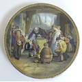 A Staffordshire teapot stand, 'The Last In', by W. Mulready, RA, with EPNS rim and three foliate cas... 