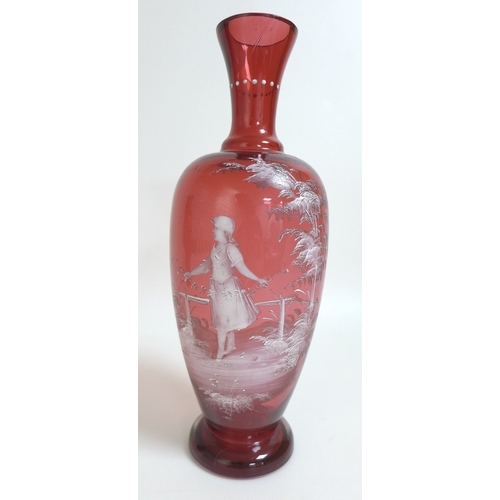 51 - A pair of ruby glass baluster vases by Mary Gregory, each pate sur pate decorated with a girl, band ... 