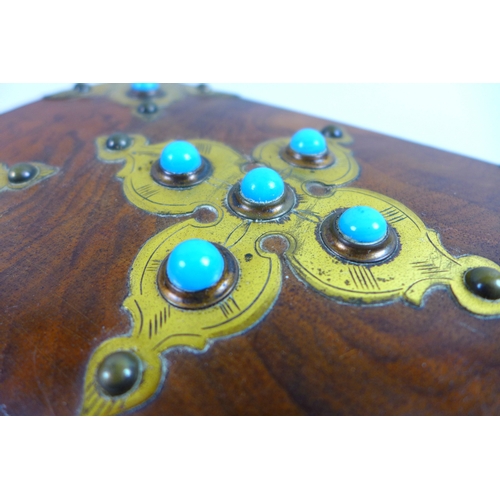 65 - An early 20th century wooden jewellery casket, brass mounted and set with eleven turquoise cabochons... 