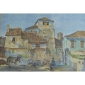 George Owen Wynne Apperley (1884-1960): A Continental village scene, street with figures and a donke... 