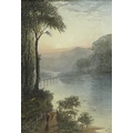 Andrew J. Sticks (19th century): 'Evening', a lake scene with a man walking along a tree lined path,... 