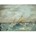 British School (19th century): a sail boat on choppy seas with guls circling, in the style of Julius... 