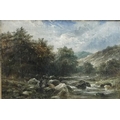 G. M. Callow (British, 19th century): a rocky mountain stream, with fisherman on the tree lined bank... 