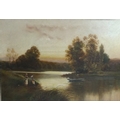 P. Kemp (late 19th century): a river landscape scene, with man on a punt and two women on the bank, ... 