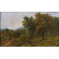 British School (19th century): a figure on a woodland path, initialled JHT lower left, oil on canvas... 