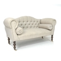 A small Victorian style settee, with shaped apron back , upholstered in pale grey linen, raised on t... 