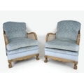A 19th/early 20th century Bergere sofa and pair of armchairs, all with blue upholstered seats, chair... 