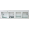 A group of four Ikea white wall mounted cupboards, each with single glazed door and fitted with LED ... 