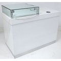 A modern white MDF shop display counter, with single top mounted glazed display case fitted with lig... 