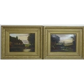 A pair of late Victorian oil on panel paintings, naively painted landscape scenes, one of a pond wit... 
