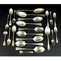 A group of Georgian and later silver spoons, comprising a pair of Georgian table spoons, engraved te... 