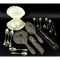 A silver dressing table set, together with a string of faux Debroyal pearls, boxed, a group of silve... 