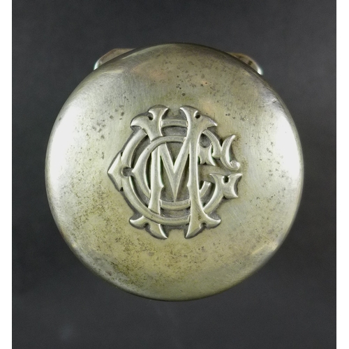 14 - A Victorian silver topped glass dressing table jar, the hinged top with initials MCC in relief to th... 