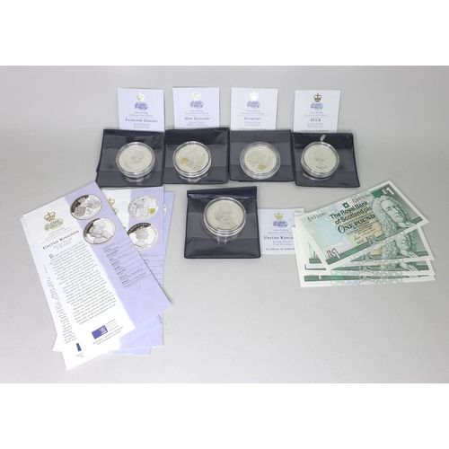 43 - A group of five silver proof coins, with certificates, together with a group of five Royal Bank of S... 