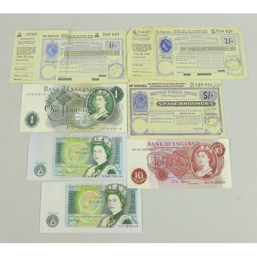 44 - A collection of bank notes and three postal orders, comprising three £1 note, serials CY76279115, DU... 