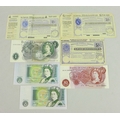 A collection of bank notes and three postal orders, comprising three £1 note, serials CY76279115, DU... 