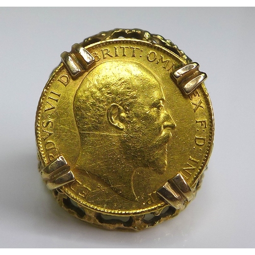 54 - An Edward VII gold half sovereign, 1906, in a 9ct gold ring setting, size N, 10.5g total.