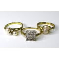Private Collection-Vintage and Modern design rings: Three 9ct gold rings, featuring diamonds and pea... 