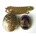 A 9ct gold locket and chain, 5cm, 31.9g, together with a 9ct gold mounted Limoges plaque, 4cm, with ... 