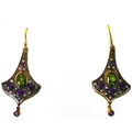 A pair of drop earrings set with peridot, diamond and amethyst, elongated fan shape with central sus... 