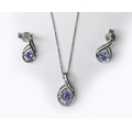 A platinum, Ceylon sapphire and diamond necklace and earring set, of teardrop design each with a cen... 
