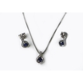 A 9ct white gold, sapphire and diamond necklace and earrings set, 4.2g total. (3)