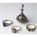 A group of gold rings, comprising an 18ct gold sapphire and illusion set diamond ring, size M/N, 3.1... 