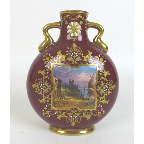 34 - A pair of Edwardian Coalport moon flasks, with twin gilt handles, each decorated with a square reser... 