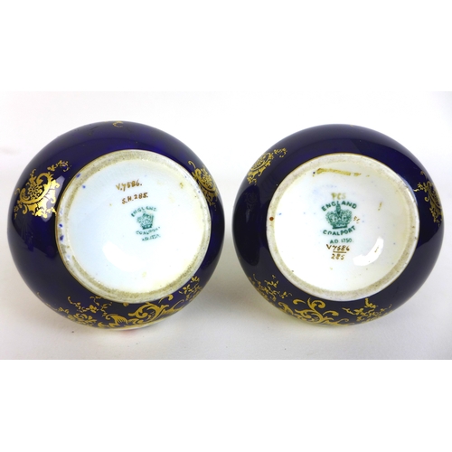 27 - A pair of Edwardian Coalport miniature vases, of baluster form with twin foliate clasped handles, de... 