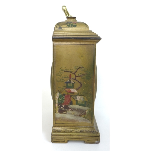 109 - A 20th century mantel clock, Chinoiserie decorated against a gold ground, the white dial with black ... 