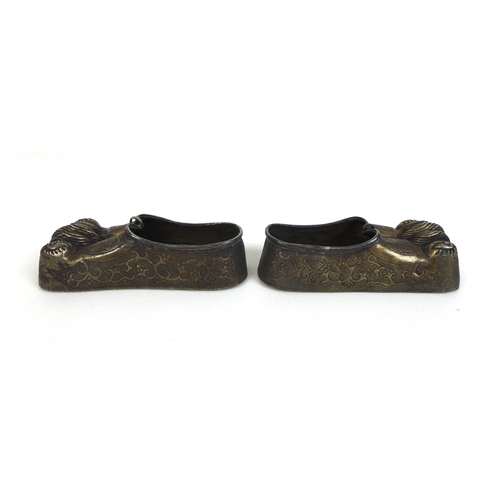 90 - A pair of Chinese Qing style shoe form brush washers, with embossed, inlaid and gilt decoration, eac... 
