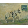 Carlos Sitorla (?) (Spanish School, 20th century): a horse standing by a white painted wall with a g... 