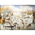 A 17th century style oil on canvas, Dutch or Flemish winter landscape with townsfolk crossing a froz... 