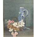 British School (late 19th century): still life with flowers and salt glaze tankard, bears paper labe... 