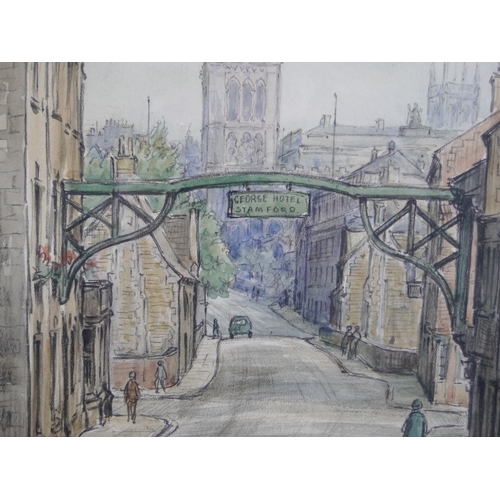 255 - Wilfrid Rene Wood (British, 1888-1976): a view of Stamford, depicting a view of The George Hotel sig... 