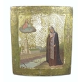A late 19th century Russian Icon, depicting St Anna, wood, tempera, gesso and gold leaf, 36 by 31cm.